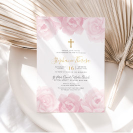Elegant Rosa Blommigt Guld Kor Girls Baptism Inbjudningar