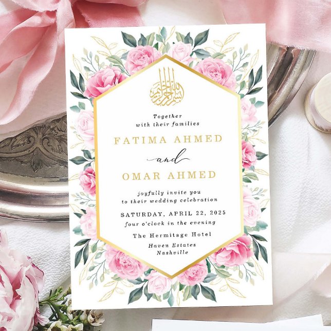 Elegant Rosa Blommigt Guld Löv Muslimska Bröllop Inbjudningar (Skapare uppladdad)