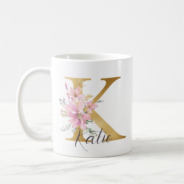 Elegant Rosa Blommigt Guld Monogram Brev K Kaffemugg (Vänster)