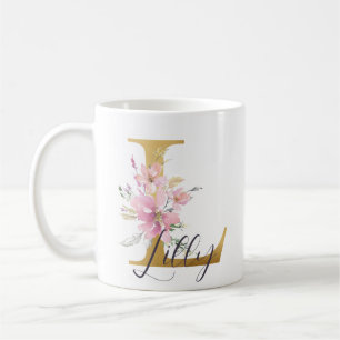 Elegant Rosa Blommigt Guld Monogram Brev L Kaffemugg