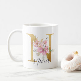 Elegant Rosa Blommigt Guld Monogram Brev N Kaffemugg
