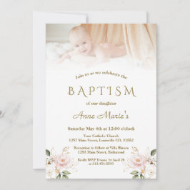Elegant Rosa  Blommigt Guld Photo Girl Baptism Inbjudningar
