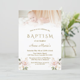 Elegant Rosa Blommigt Guld Photo Girl Baptism Inbjudningar