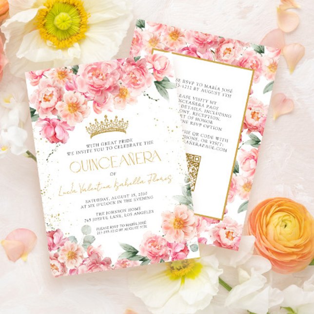 Elegant Rosa Blommigt Guld QR-kod Quinceañera Inbjudningar (Skapare uppladdad)