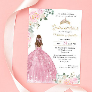 Elegant rosa blommigt guld Quinceañera 15:e Inbjudningar