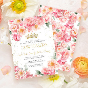 Elegant Rosa Blommigt Guld Quinceañera Inbjudningar