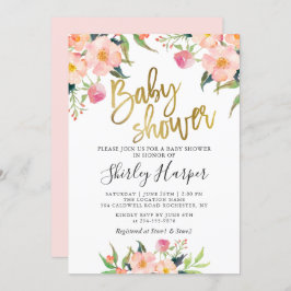Elegant Rosa Blommigt Guld Script Baby Shower Inbjudningar