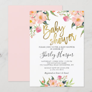 Elegant Rosa Blommigt Guld Script Baby Shower Inbjudningar