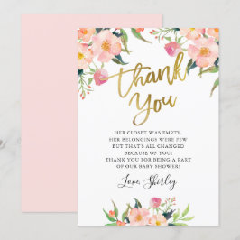 Elegant Rosa Blommigt Guld Script Baby Shower Tack Kort