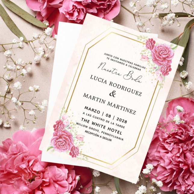 Elegant Rosa Blommigt Guld Spanska Nuestra Boda Inbjudningar (Skapare uppladdad)