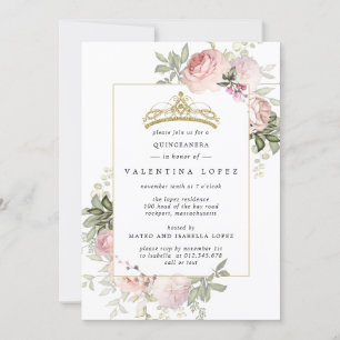 Elegant Rosa Blommigt Guld Tiara Quinceanera Inbjudningar