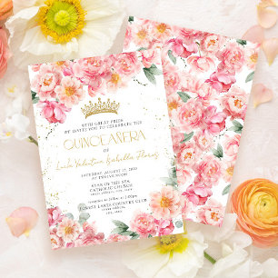 Elegant Rosa Blommigt Guld Tiara Quinceañera Inbjudningar