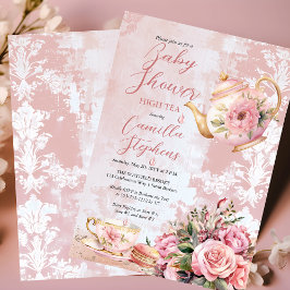 Elegant Rosa Blommigt High Tea Girl Baby Shower Inbjudningar
