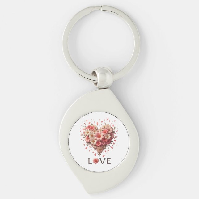 Elegant Rosa Blommigt Hjärtat Romantiska hjärtans  Swirl Silverfärgad Nyckelring (Framsidan)