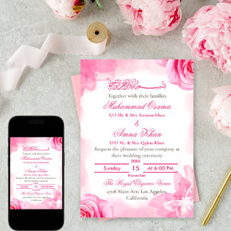 Elegant Rosa Blommigt Islamiska muslimska Bröllop Inbjudningar