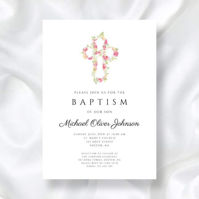 Elegant Rosa Blommigt Kor Baptism Inbjudningar (Elegant Floral Pink Cross Baptism Invitation)