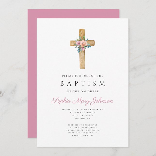 Elegant Rosa Blommigt Kor Baptism Inbjudningar (Fram/baksida)