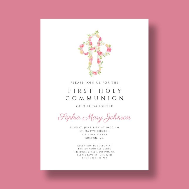 Elegant Rosa Blommigt Kor Första kommissionen Inbjudningar (Elegant Pink Floral Cross First Communion Invitation)