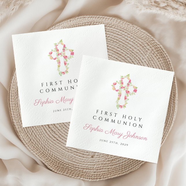 Elegant Rosa Blommigt Kor Första kommissionen Pappersservett (Elegant Pink Floral Cross First Communion Napkins)