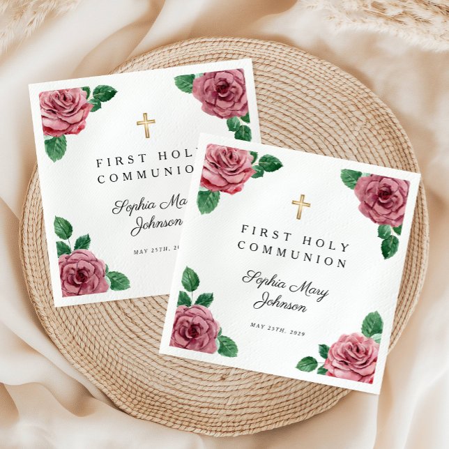 Elegant Rosa Blommigt Kor Första kommissionen Pappersservett (Elegant Pink Floral Cross First Communion Napkins)
