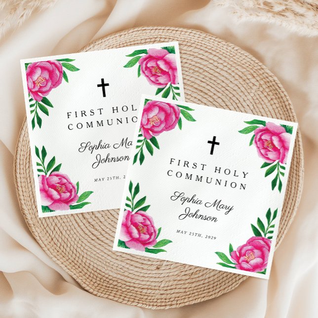 Elegant Rosa Blommigt Kor Första kommissionen Pappersservett (Elegant Pink Floral Cross First Communion Napkins)