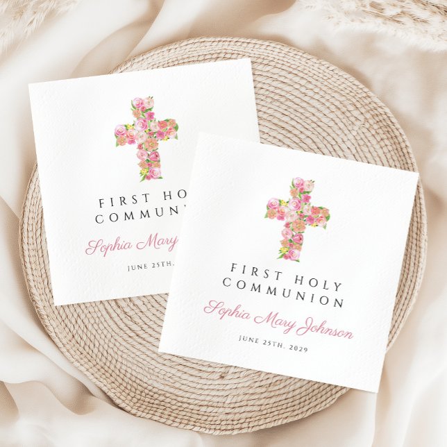 Elegant Rosa Blommigt Kor Första kommissionen Pappersservett (Elegant Pink Floral Cross First Communion Napkins)