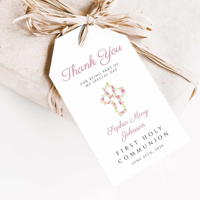 Elegant Rosa Blommigt Kor Första kommissionen Presentetikett (Elegant Pink Floral Cross First Communion Gift Tags)