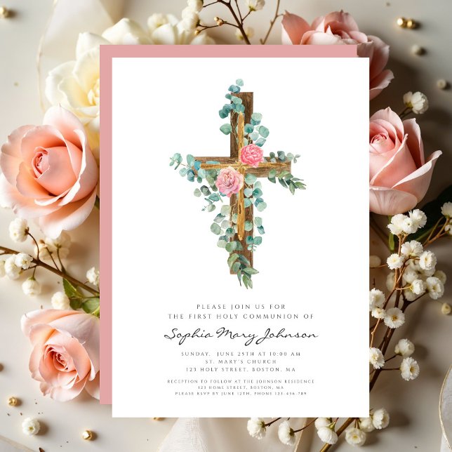 Elegant Rosa Blommigt Kor Girl First Communion Inbjudningar (Elegant Pink Floral Cross Girl First Communion Invitation)