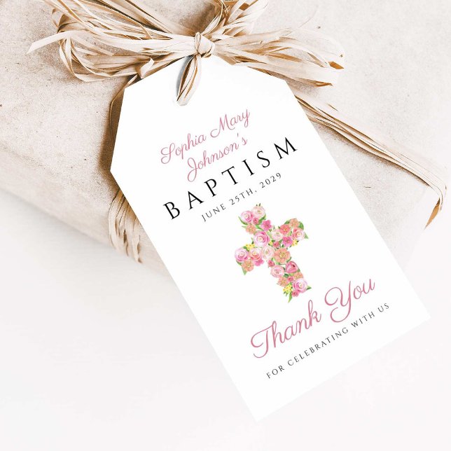 Elegant Rosa Blommigt Kor Religiösa Baptism i  Presentetikett (Elegant Pink Floral Cross Religious Baptism Gift Tags)