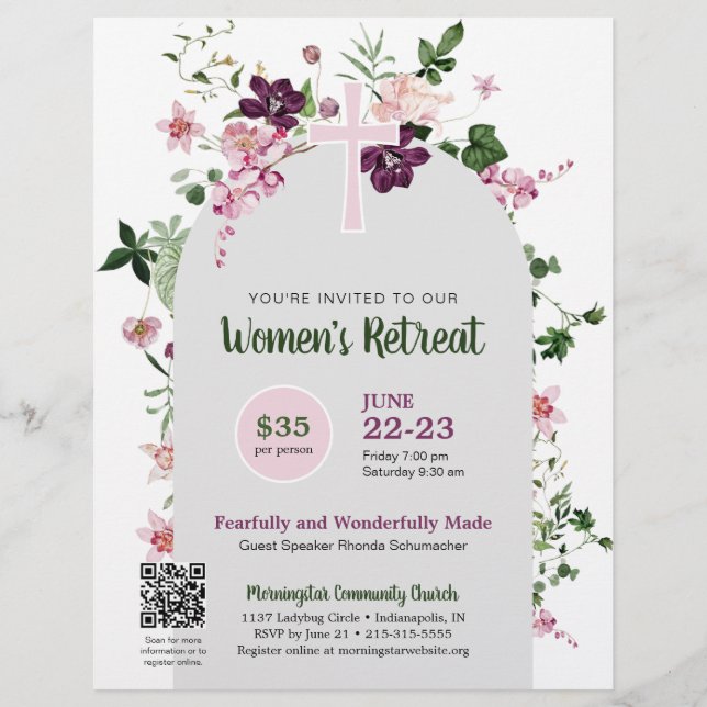 Elegant Rosa Blommigt Kyrkes QR Kod Retreat Reklamblad (Framsidan)