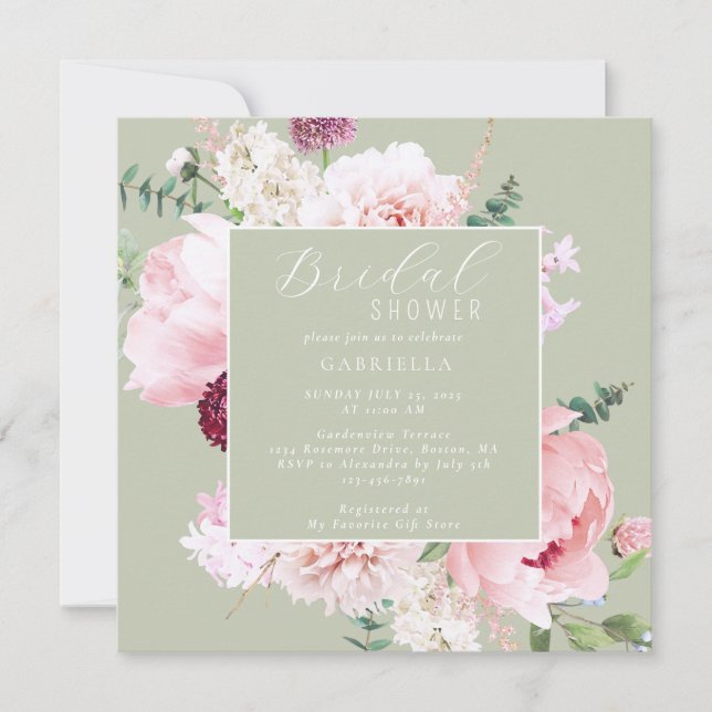 Elegant Rosa Blommigt Light Sage Grönt Möhippa Inbjudningar (Framsida)