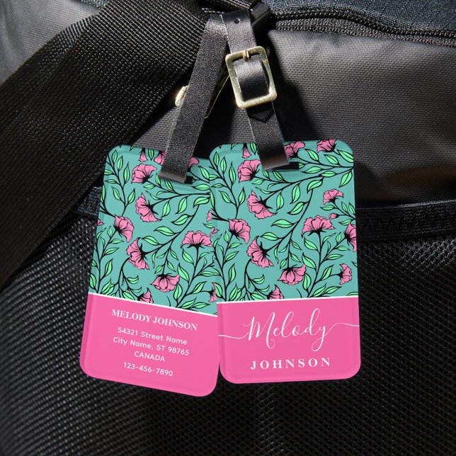 Elegant Rosa Blommigt Luggage Tag Bagagebricka (Skapare uppladdad)