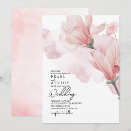 Elegant Rosa Blommigt Magnolia Watercolor Bröllop Inbjudningar