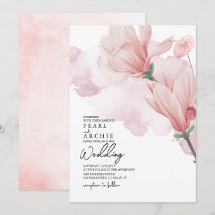 Elegant Rosa Blommigt Magnolia Watercolor Bröllop Inbjudningar