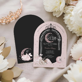 Elegant Rosa Blommigt Måne Stars Tiara Quinceañera Inbjudningar