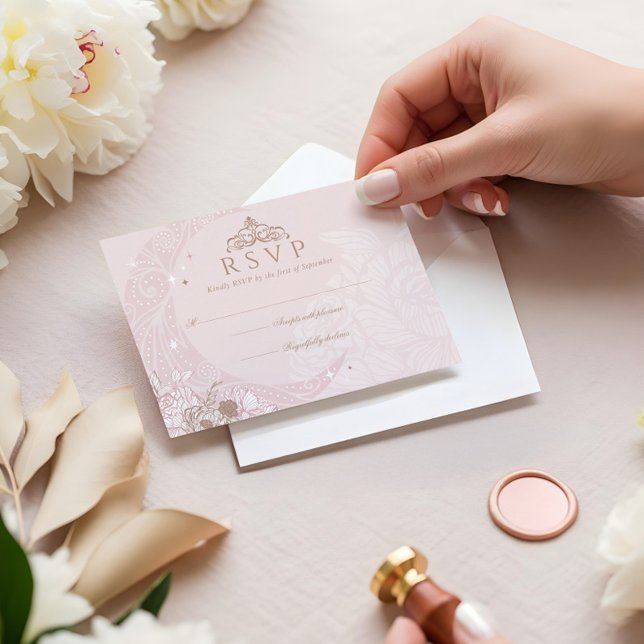 Elegant Rosa Blommigt Måne Stars Tiara Quinceañera OSA Kort (Elegant Pink Florals Moon Stars Tiara Quinceañera RSVP Card)