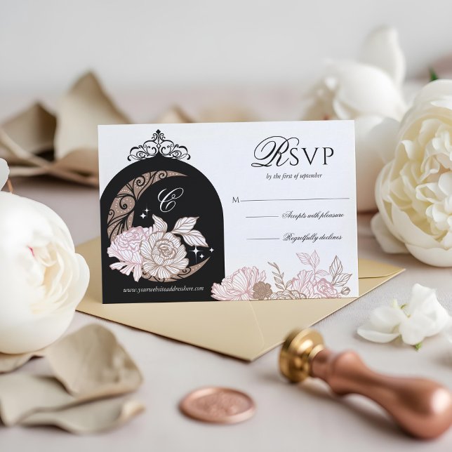 Elegant Rosa Blommigt Måne Stars Tiara Quinceañera OSA Kort (Elegant Pink Florals Moon Stars Tiara Quinceañera RSVP Card)