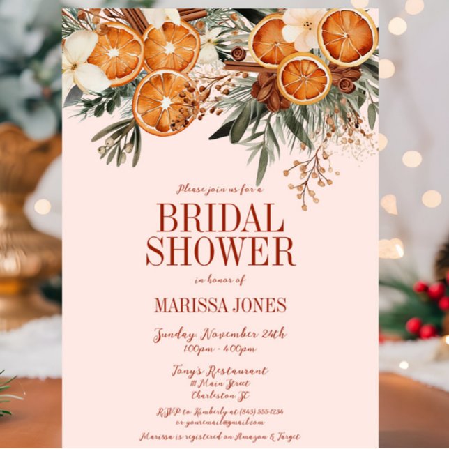 Elegant Rosa Blommigt Möhippa av Citrus  Inbjudningar (Pink Orange Citrus Floral Bridal Shower Invitation, Christmas, Fall Autumn, Elegant Modern Wedding)