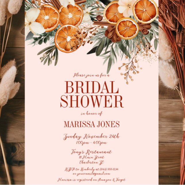 Elegant Rosa Blommigt Möhippa av Citrus  Inbjudningar (Pink Orange Citrus Floral Bridal Shower Invitation, Christmas, Fall Autumn, Elegant Modern Wedding)