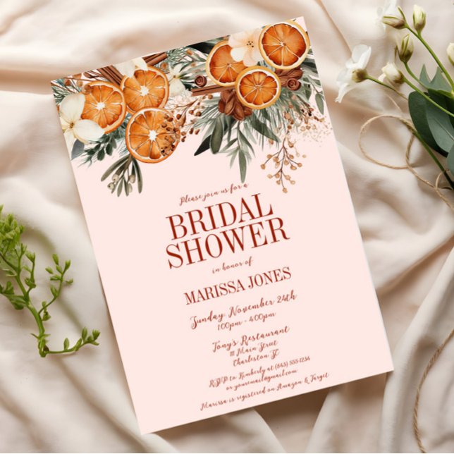 Elegant Rosa Blommigt Möhippa av Citrus  Inbjudningar (Pink Orange Citrus Floral Bridal Shower Invitation, Christmas, Fall Autumn, Elegant Modern Wedding)