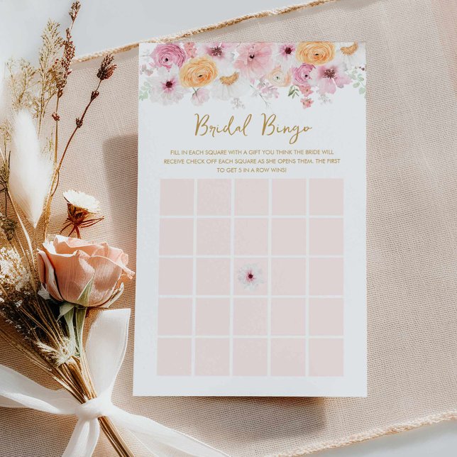 Elegant Rosa Blommigt Möhippa Bingo Game Card (Pink floral Bridal Bingo Card)