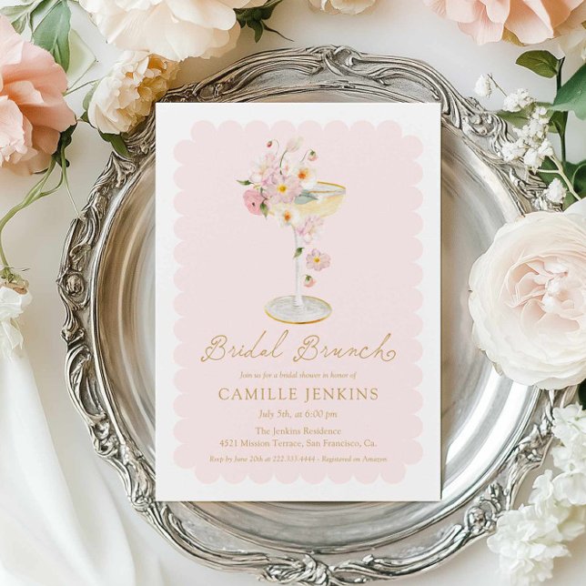 Elegant Rosa Blommigt Möhippa Brunch  Inbjudningar (Pink Floral Bridal Brunch Invitation)