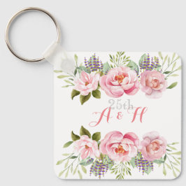 Elegant Rosa Blommigt Monogram 25:e Bröllop Gift Nyckelring