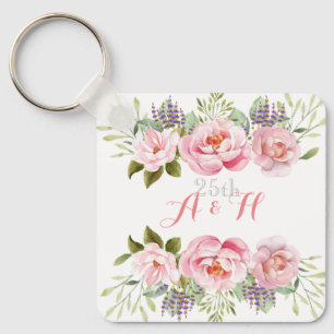 Elegant Rosa Blommigt Monogram 25:e Bröllop Gift Nyckelring