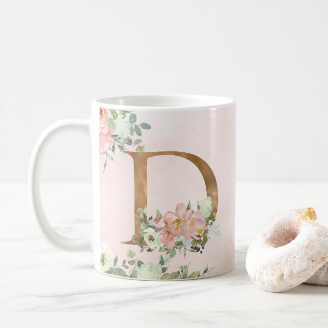 Elegant Rosa Blommigt Monogram D Kaffe Mugg (Med munk)