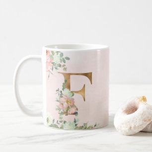 Elegant Rosa Blommigt Monogram F Kaffe Mugg