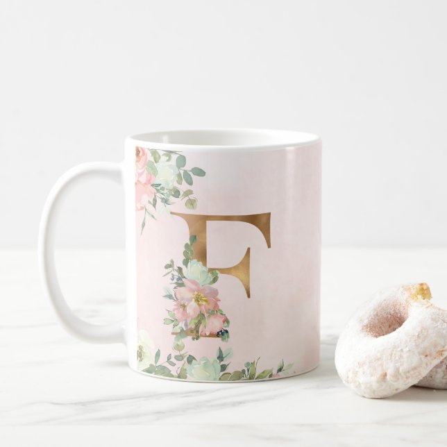 Elegant Rosa Blommigt Monogram F Kaffe Mugg (Med munk)