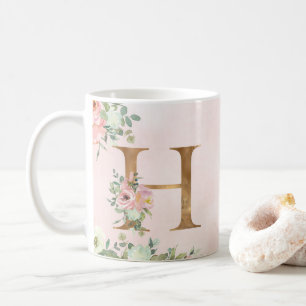 Elegant Rosa Blommigt Monogram H Kaffe Mugg