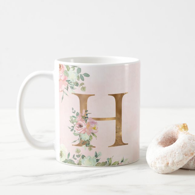 Elegant Rosa Blommigt Monogram H Kaffe Mugg (Med munk)