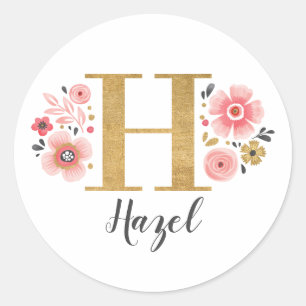 Elegant Rosa Blommigt Monogram Initial Brev H Runt Klistermärke